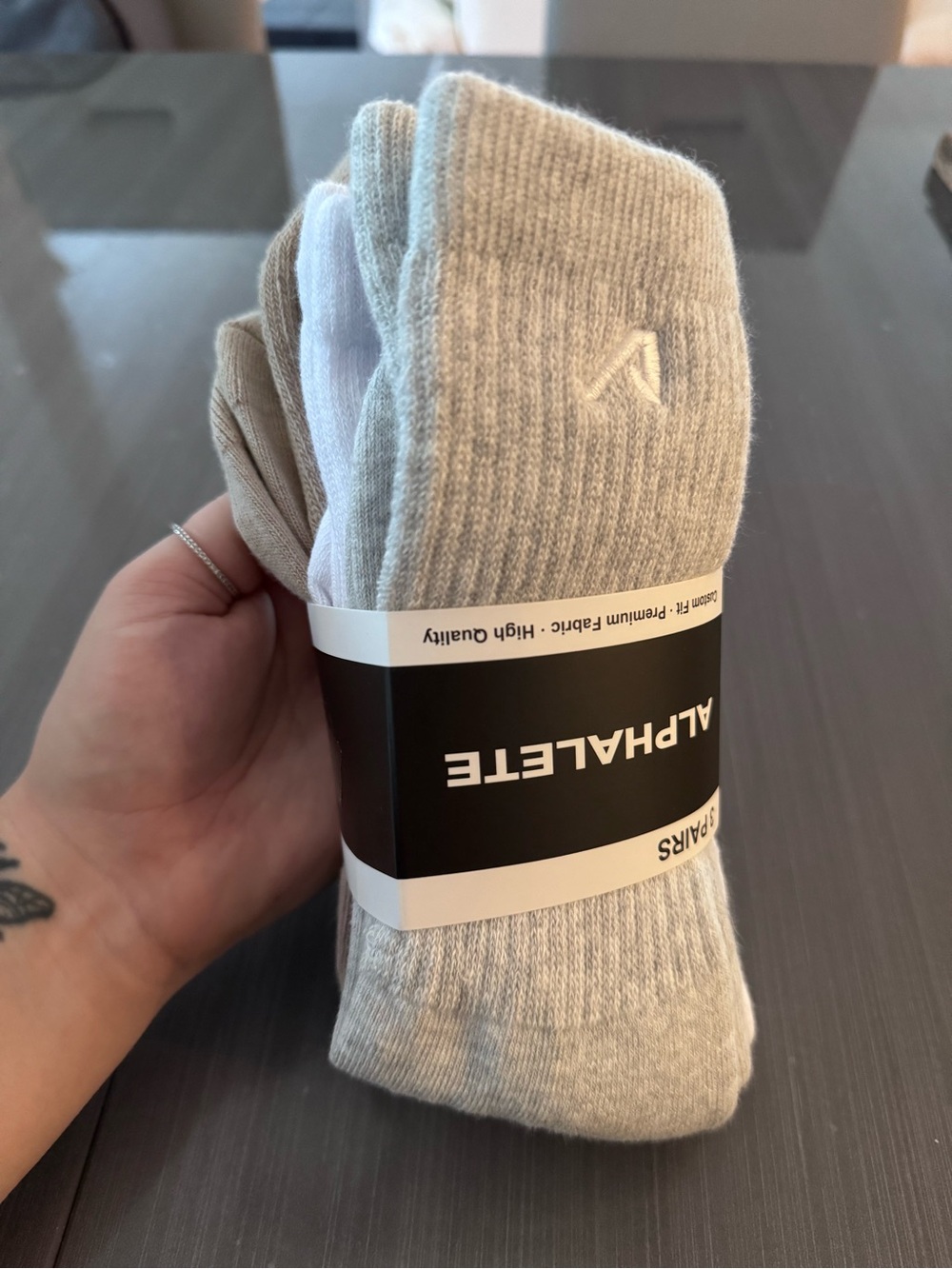 Alphalete 3-Pack Crew Socks in Gray, White, Tan